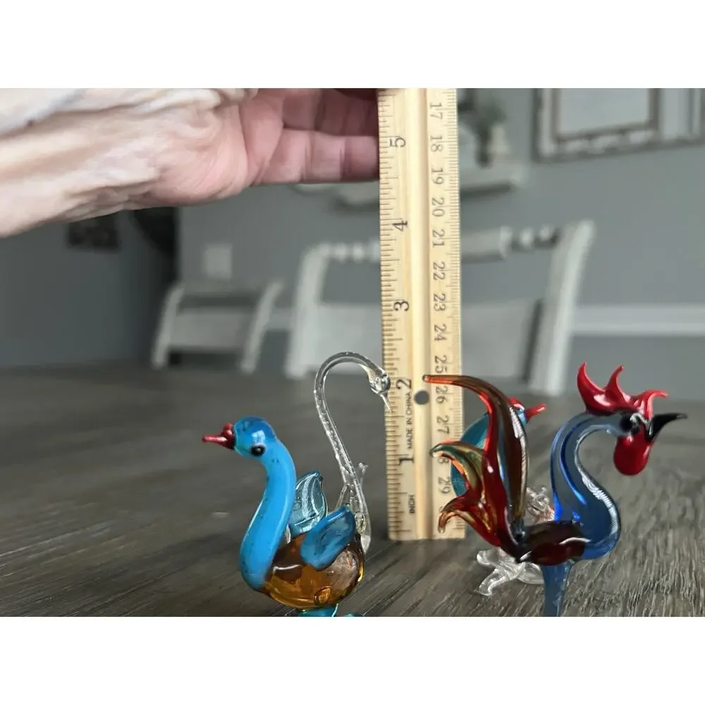 Hand Blown Glass Bird Figurines Swan, Ducks, & A Rooster Miniature Art Glass Set
